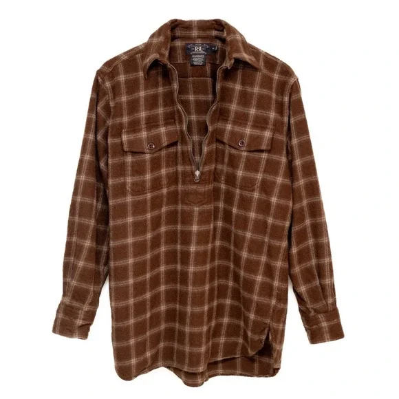 Double RRL Ralph Lauren Brown Plaid Wool Half Zip Pullover Flannel